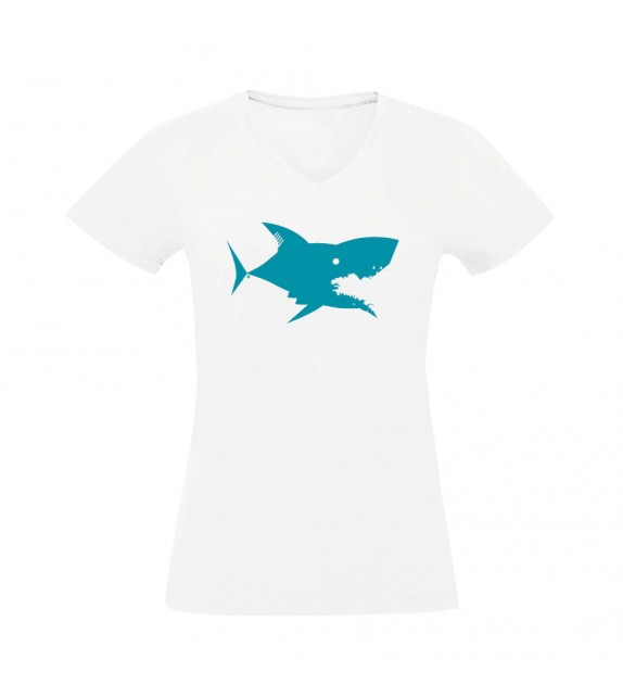 Tshirt Femme Blanc Col V Requin turquoise S
