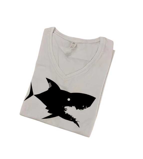 Tshirt Femme Blanc Col V Requin Noir L